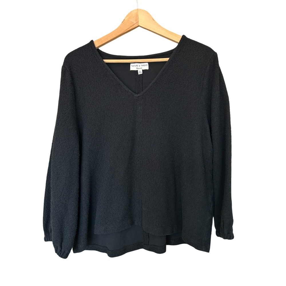 Madewell Texture & Thread Black Boxy V Neck Top Balloon Sleeve Minimalist Sz 2XL